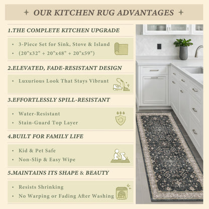 Black Boho Kitchen Rugs Set of 3, Non-Slip Machine Washable Kitchen Floor Mats, Low-Pile Runner Rug for Sink, Entryway, Bathroom, Laundry Room, Bedroom, Vintage Farmhouse Design