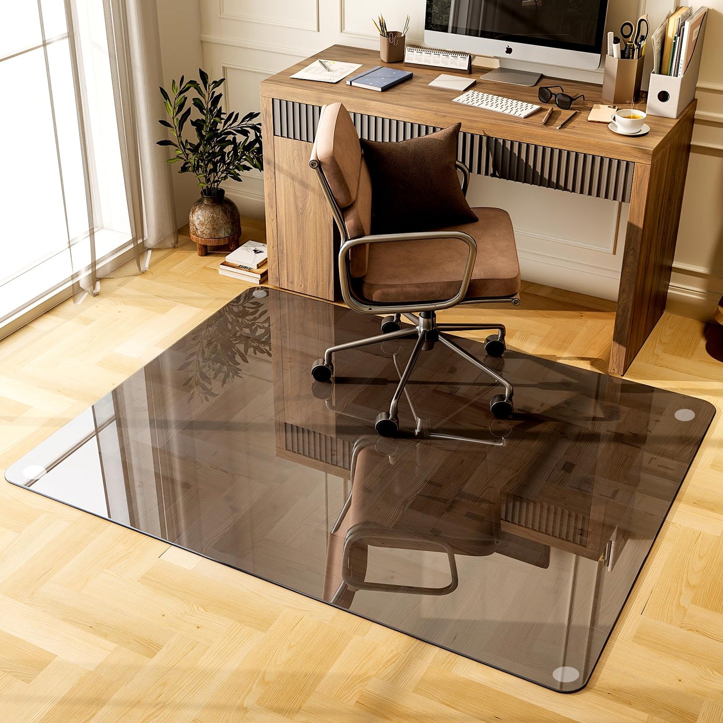 GLSLAND 46" × 55" [Tempered Glass] Chair Mat – Durable Office Chair Mat on Carpet with 0.2" Thickness, 4 Non‑Slip Pads, Sleek & Sturdy Matte Gray Finish, Smooth Glide & Easy Clean, Blue & Grey