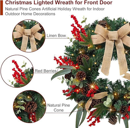 Christmas Lighted Wreath for Front Door, 28 Inches Pre-Lit 35 LED Lights, Natural Pine Cones Artificial Holiday Wreath for Indoor Outdoor Home Decorations