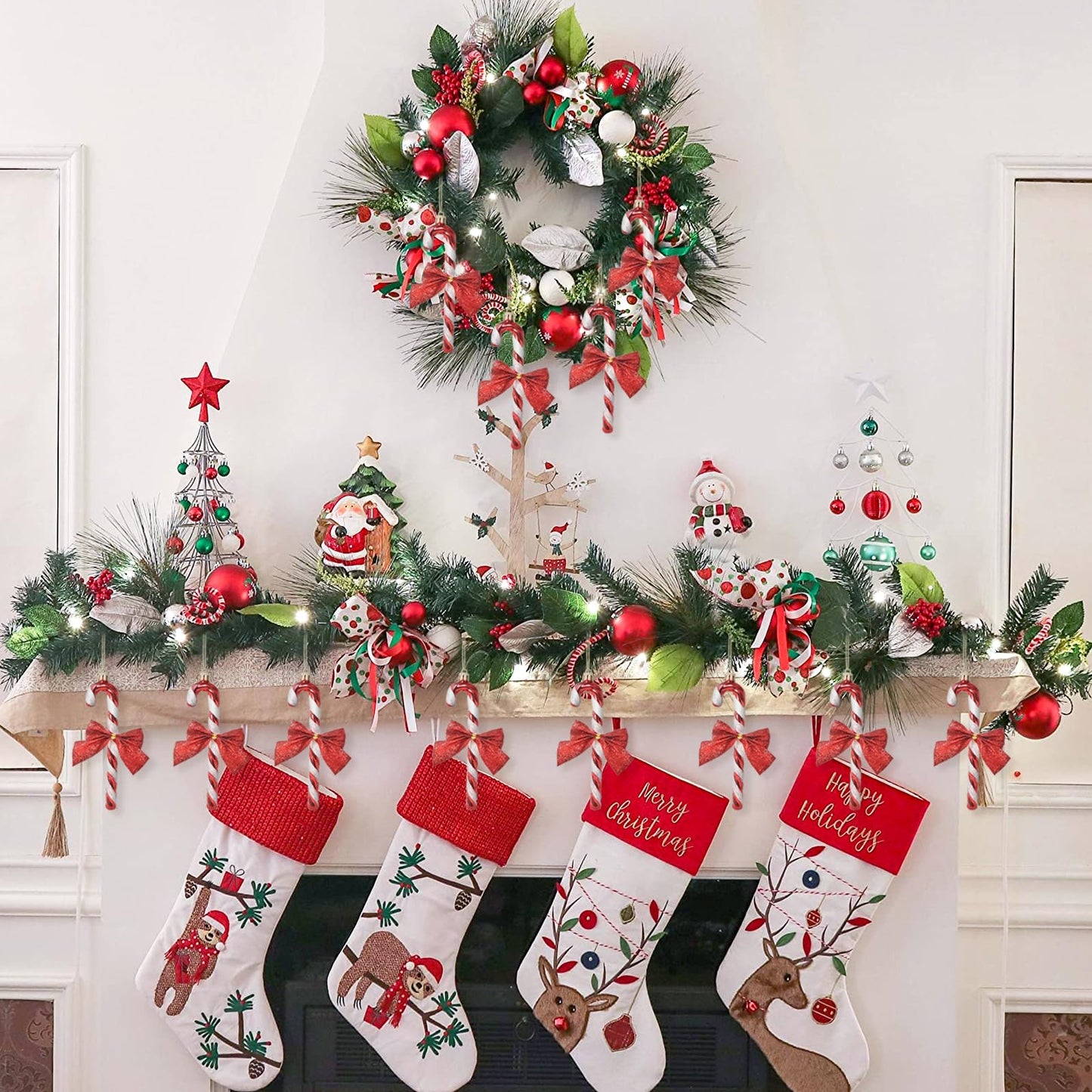 12 pcs Candy Cane Christmas Decorations with Bow - Glitter Candy Cane Xmas Decor - Christmas Hanging Ornaments with Rope for New Year Home Indoor Outdoor Party Holiday (Red)