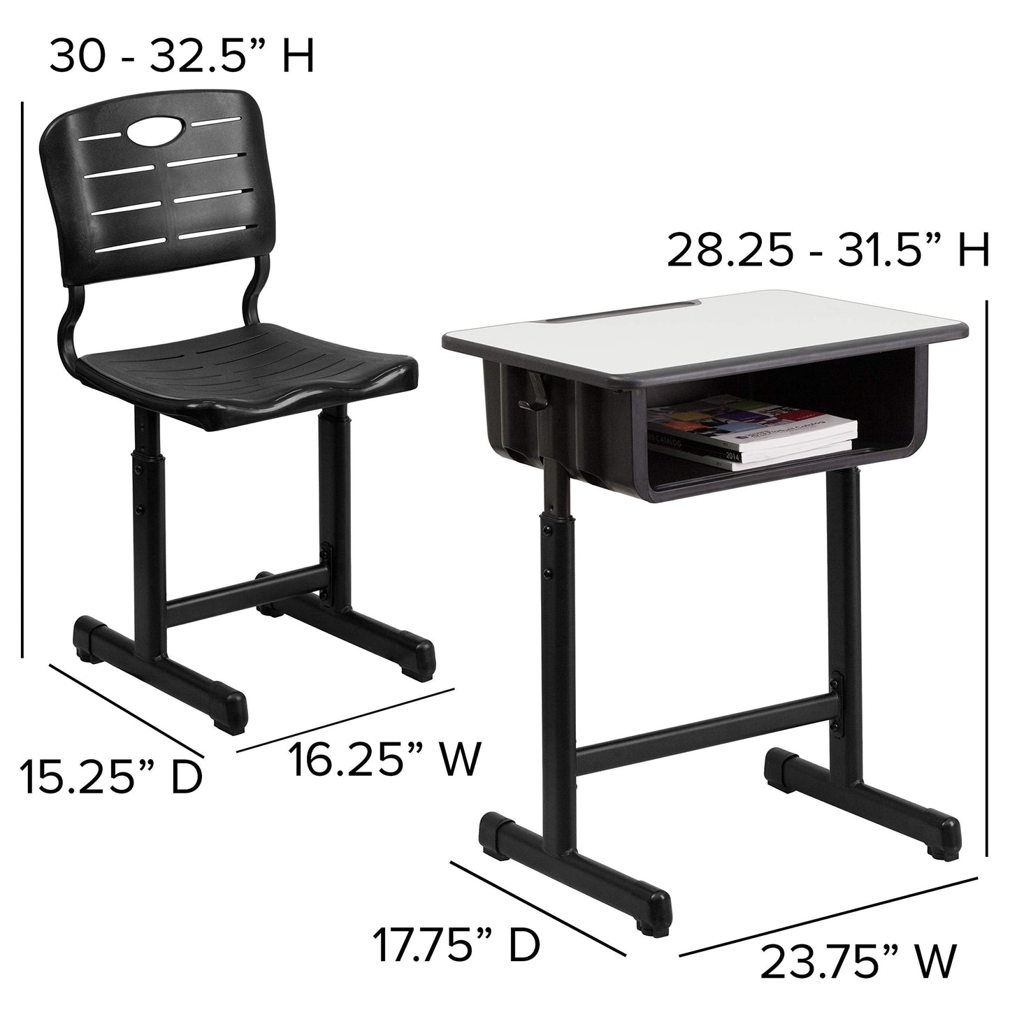 Flash Furniture Adjustable Student Desk and Chair Set for Classrooms or Remote Learning, Adjustable School Desk with Chair and Book Box, Gray/Black