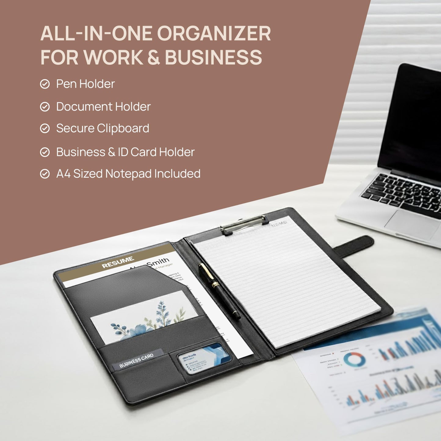Professional Padfolio with Notepad Included | Faux Leather Portfolio Folder with Clipboard, Resume Folder, Legal Pad Holder, Business Card Holder | A4 Letter Size | Black