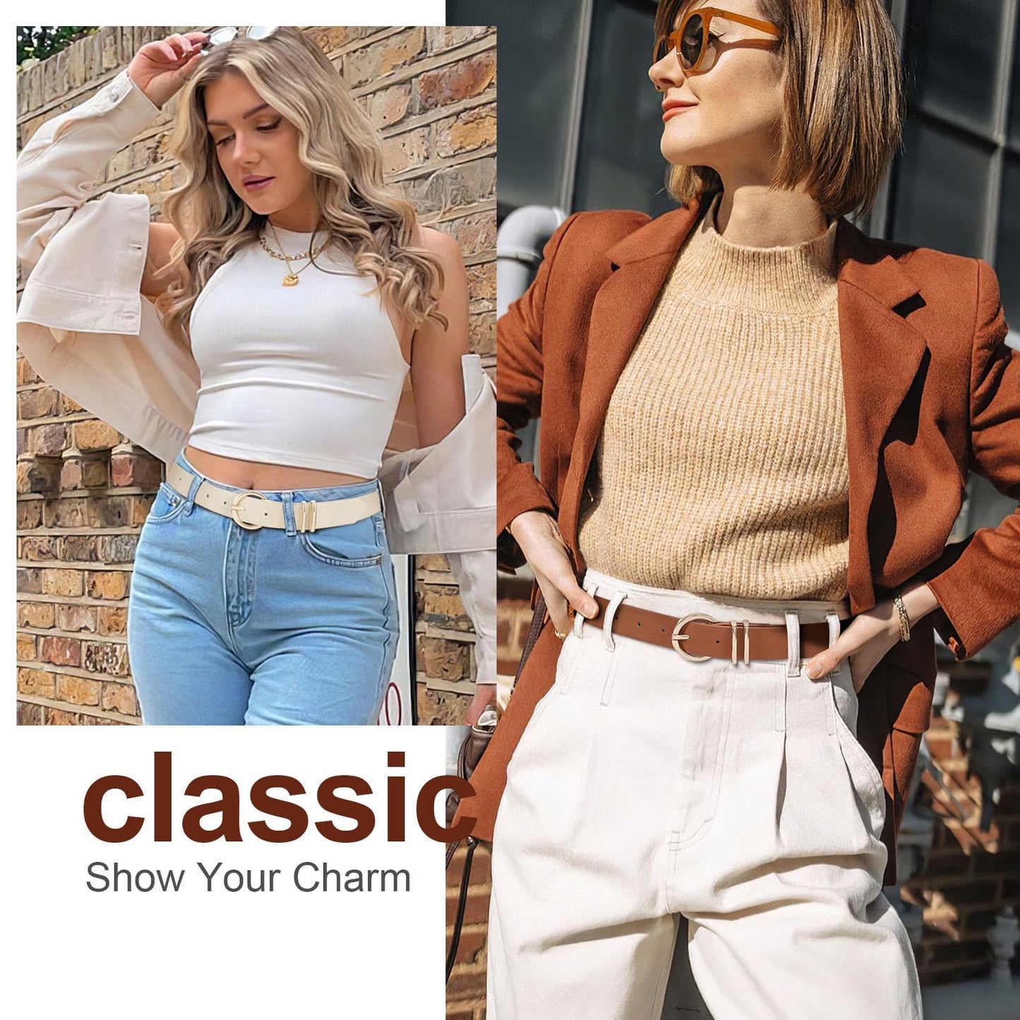 VONMELLI 2 Pack Women's Leather Belts for Jeans Pants Fashion Gold Buckle Ladies Belt Beige Brown M