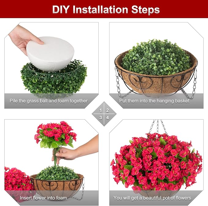 Artificial Hanging Flower Plants with Basket for Outdoor Decoration, Faux Petunias Flowers Fake Morning Glory Planter for Outside Patio Garden Porch Balcony Yard Decor(Red)
