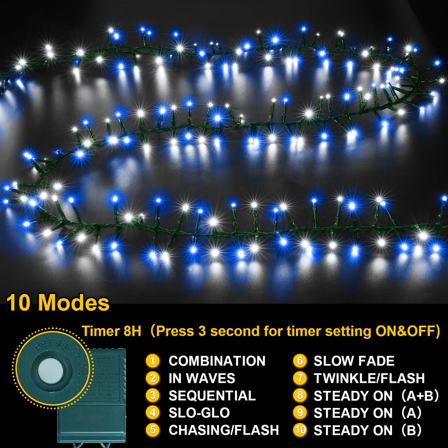 LAMPHOME 500 LED Blue White String Lights, 46ft 16 Modes Plug in Twinkle Fairy Lights, Waterproof Blue LED Christmas Lights Outdoor for Christmas Tree Bedroom Party Wedding Decor