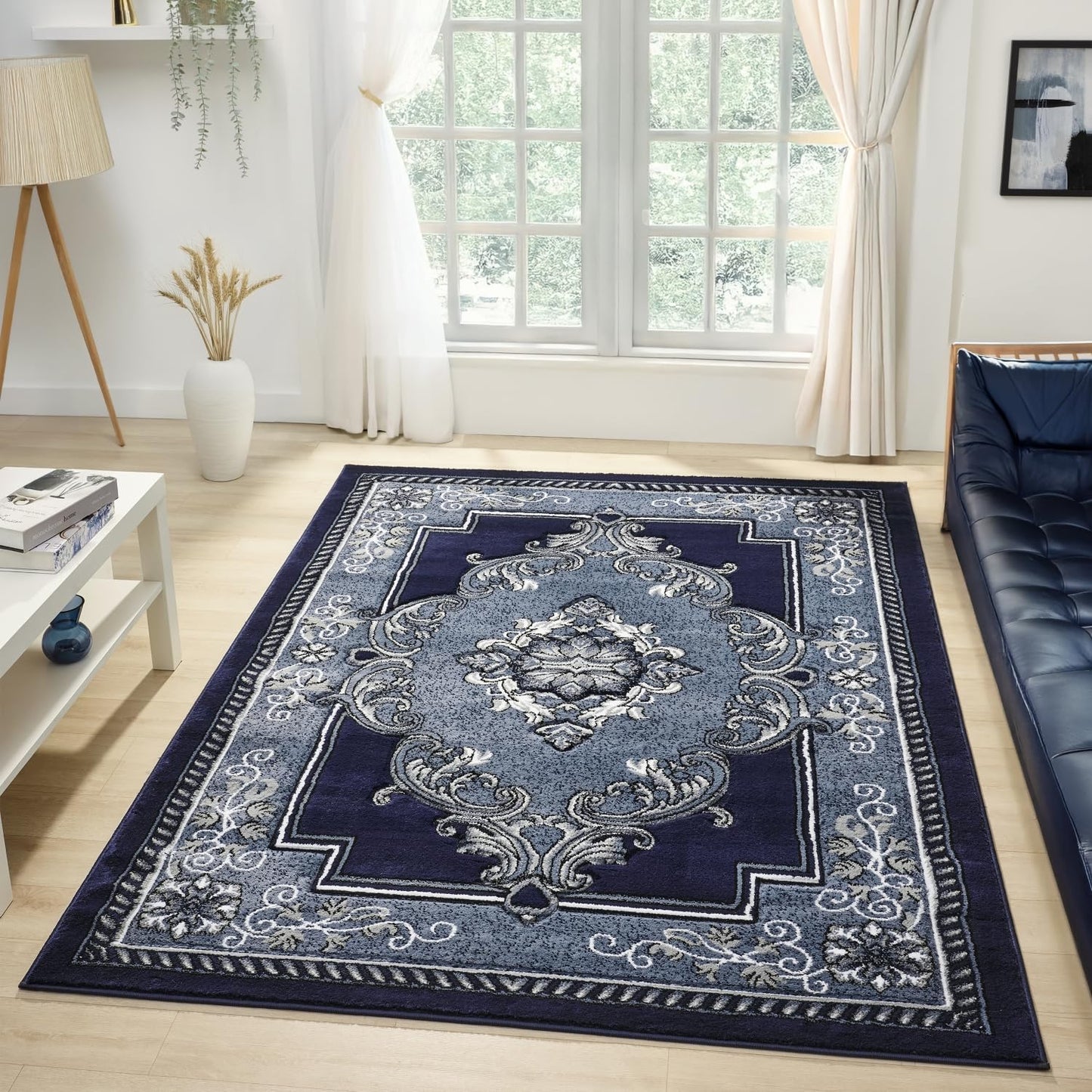 HADBA Modern 5x7 Navy Traditional Living Room Rug - Area Rugs for Living Room Dining & Bedroom - Hand Carved Runner Carpet - Durable Polyester - Non-Fade Stain-Resistant - Turkish Made