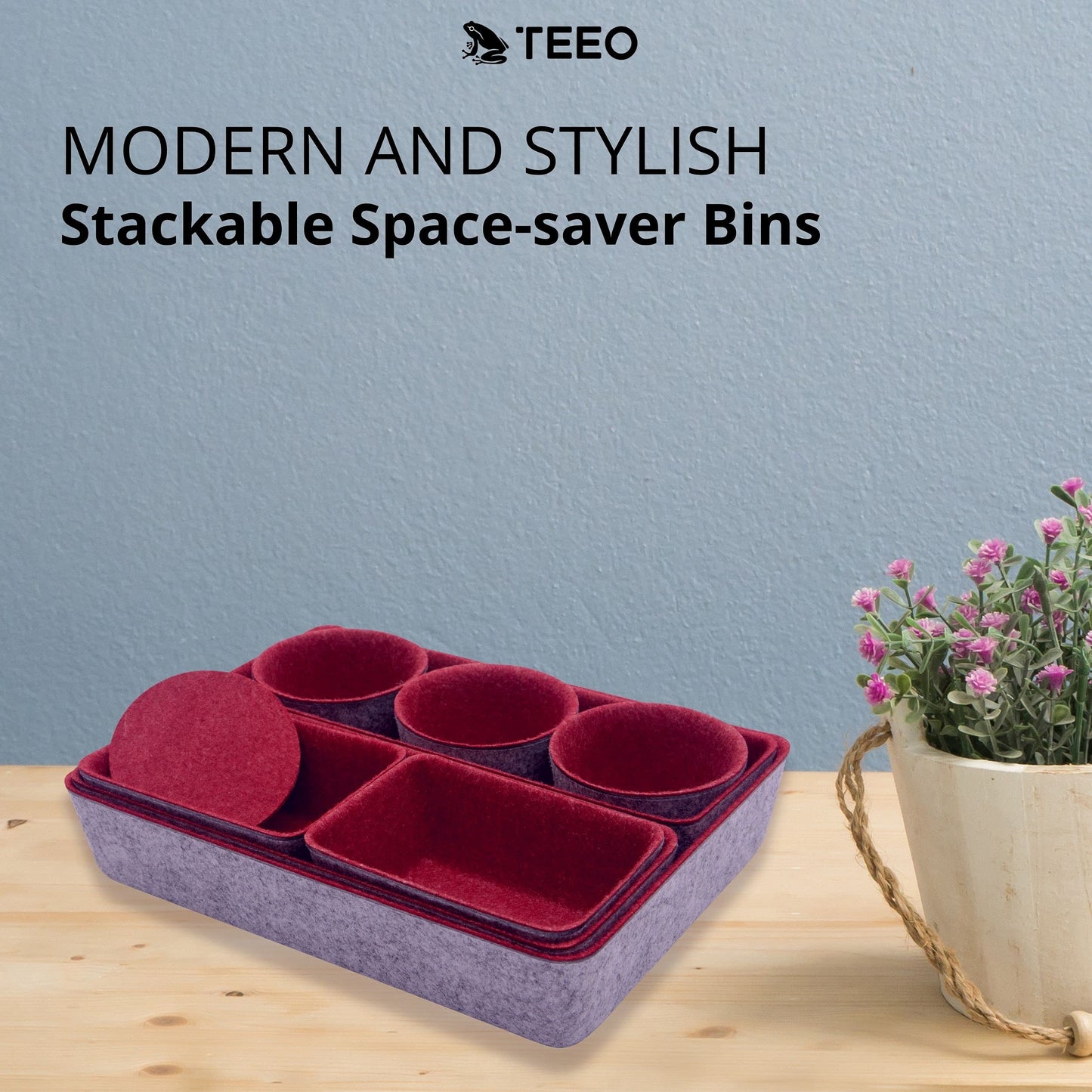 Teeo - Drawer Organizers - Office Supply Organizer - Desktop Drawers - Organizing Containers - Jewelry Tray Makeup Storage Home Dividers Compartment Desk Caddy Cosmetic Bins - Pack of 9, Burgundy