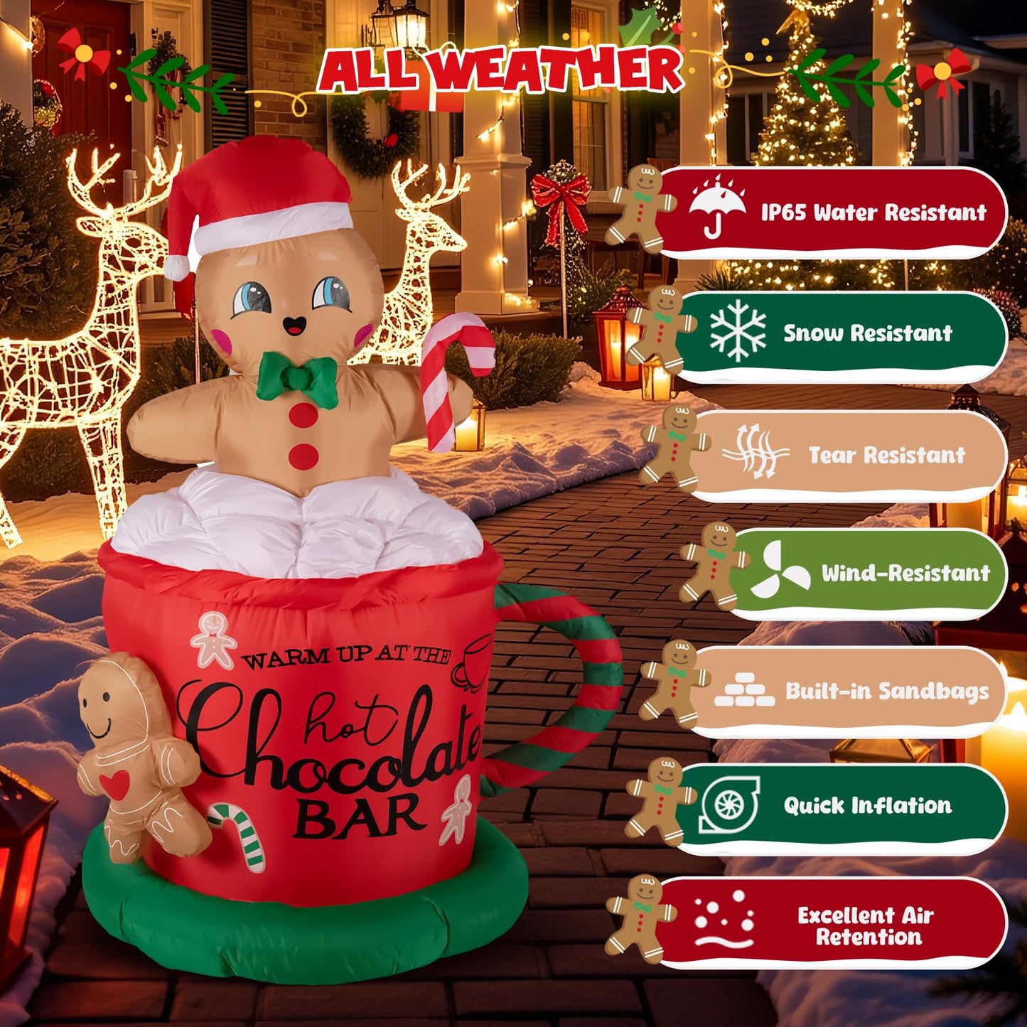 KISSUNY 6.5FT Giant Inflatable Gingerbread Man with LED Lights, All-Weather Outdoor Christmas Decoration, Hot Chocolate Mug Yard Decor
