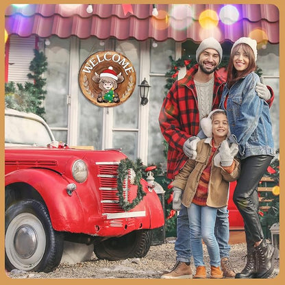 35 Pcs Christmas Interchangeable Highland Cow Welcome Sign Highland Cow Seasonal Wooden Hanging Door Decor Thanksgiving Farmhouse Hanging Sign for Front Door Xmas Party Decoration Gift(Red Brown)