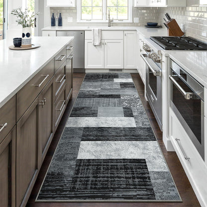 Indoor Runner Rug, Washable Runner Rug with Rubber Backing, Modern Geometric Patchwork Aesthetic Carpet for Bedroom, Living Room, Hallway, Entryway, Washable Rug Rockwood Collection, 2x6 Ft Grey