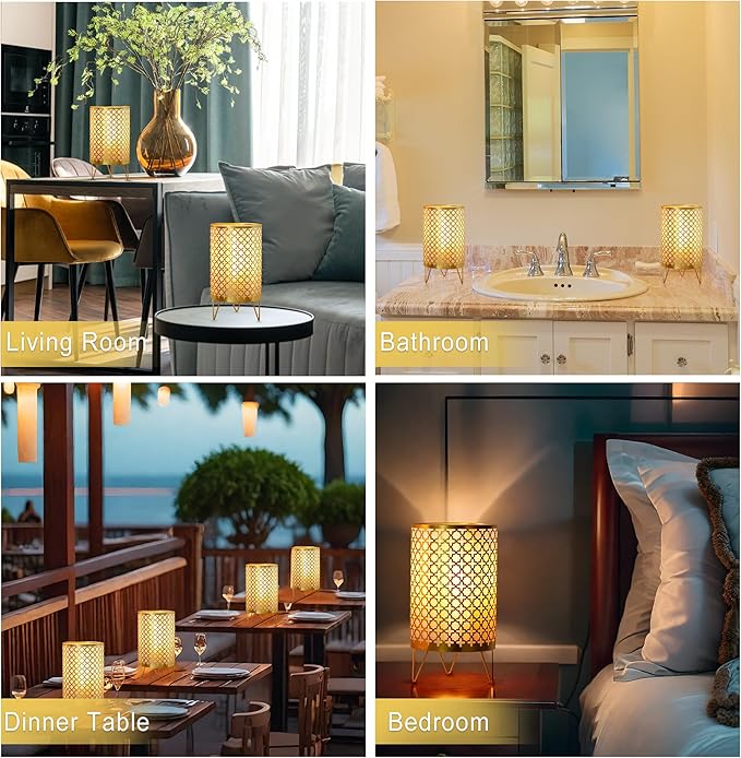 TRIROCKS Set of 2 Battery Operated Lamp 9'' High Cordless Table Lamp Battery Powered Lanterns with 6H Timer for Home Living Room Weddings Parties Patio Events Outdoors Indoors Shelf(Gold)