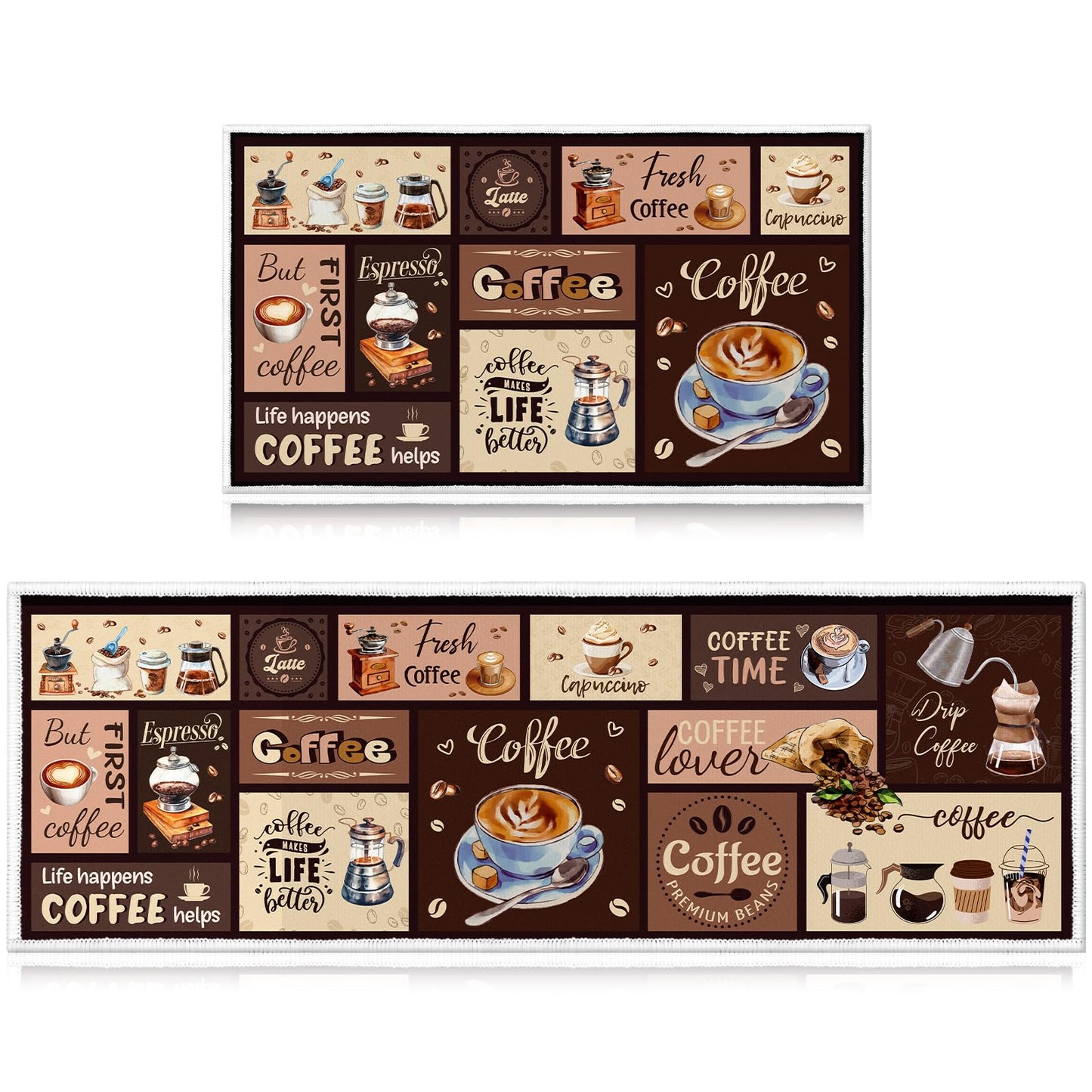 InIsaJace Coffee Kitchen Mats for Floor Rugs for Kitchen Floor Fatigue Mat 2 Piece Set Absorbent and Washable Runner Rugs Farmhouse Style Non Slip Kitchen Rug, 15x27+15x47 Inch