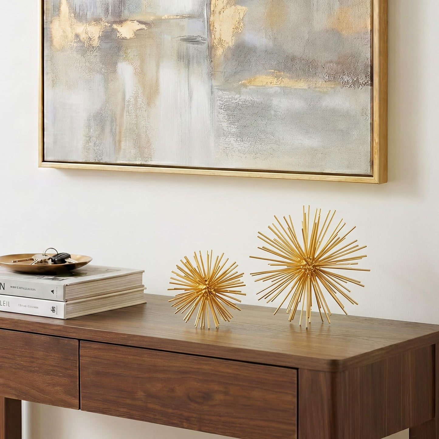 ElaraBerry 2 Pcs 4.2" and 6" Gold Sphere Decor, Metal Gold Starburst Tabletop Sculpture Decor, Modern Metal Starburst Centerpiece, Star Burst Ball Decoration for Home Decoration