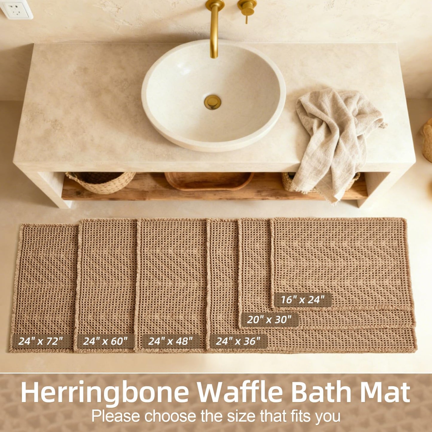 Sunfly Boho Bathroom Rug, Herringbone Waffle Bath Mat Non-Slip Washable Super Absorbent Quick Dry, Farmhouse Bath Mat for Bathroom Floor Decor 20"*30" Khaki