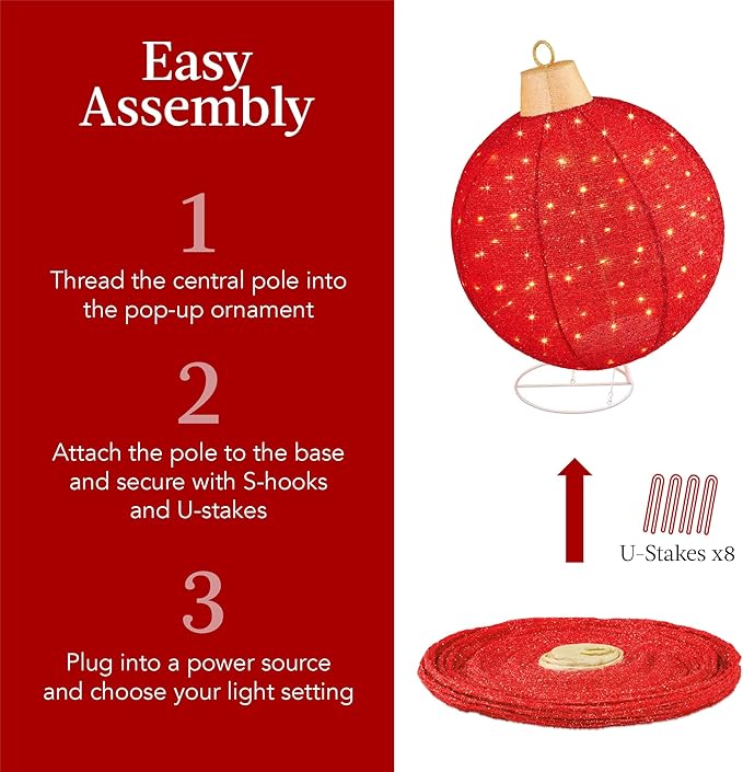 Best Choice Products 2pc Lighted Pop-Up Outdoor Christmas Ornament Set, Holiday Ball Decoration w/ 220 LED Lights, 8 Light Functions - Red/Green