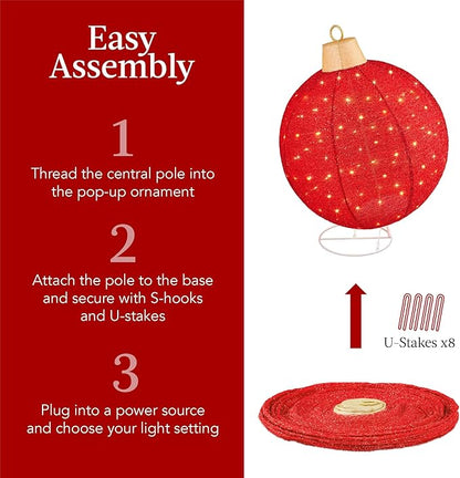 Best Choice Products 2pc Lighted Pop-Up Outdoor Christmas Ornament Set, Holiday Ball Decoration w/ 220 LED Lights, 8 Light Functions - Red/Gold