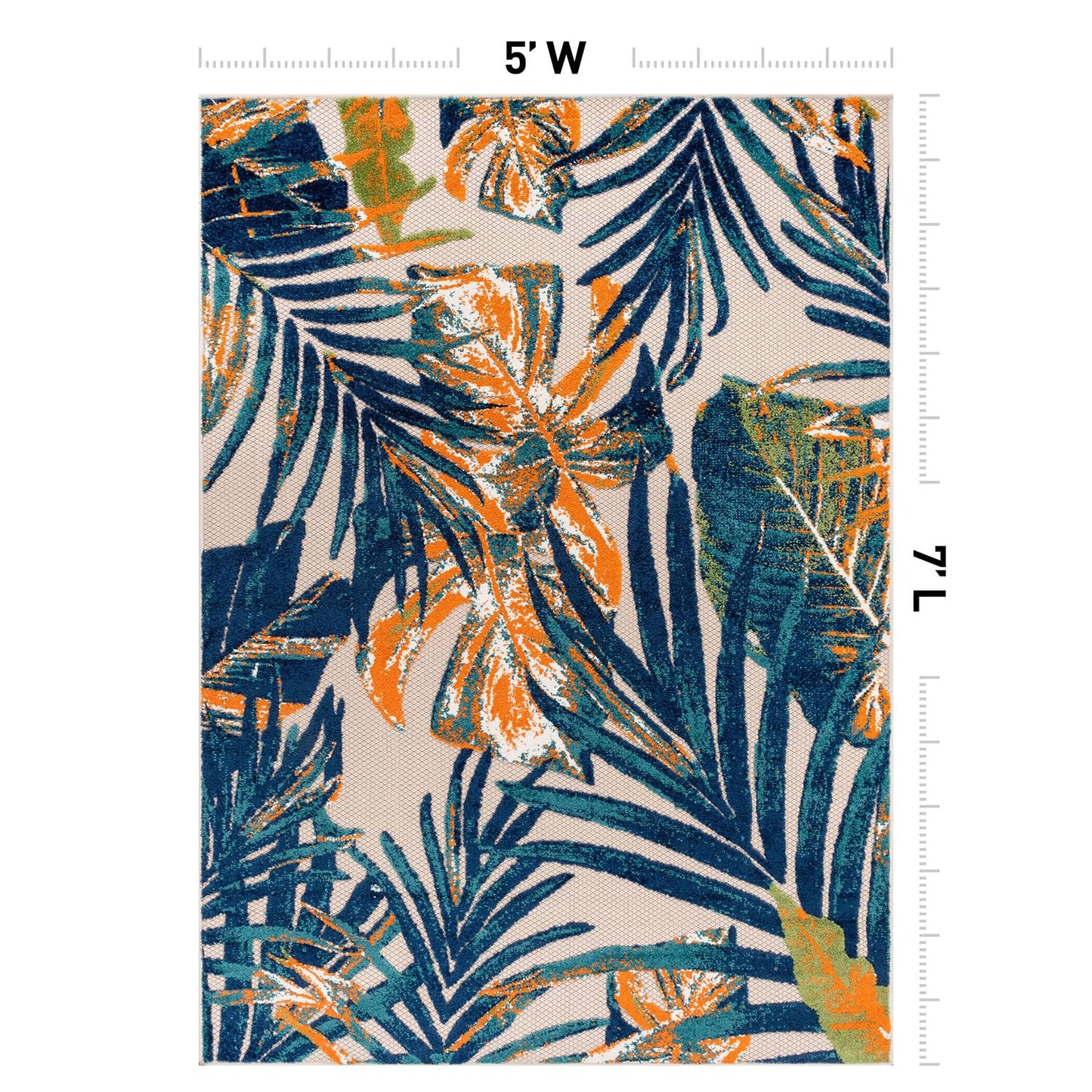 Rugshop Tropical Floral Leaves Indoor/Outdoor Area Rug Durable Polypropylene, Non-Shedding, Easy to Clean, Perfect for Patio, Backyard, Deck and Outdoor Lounge, High Traffic Areas, 5' x 7'