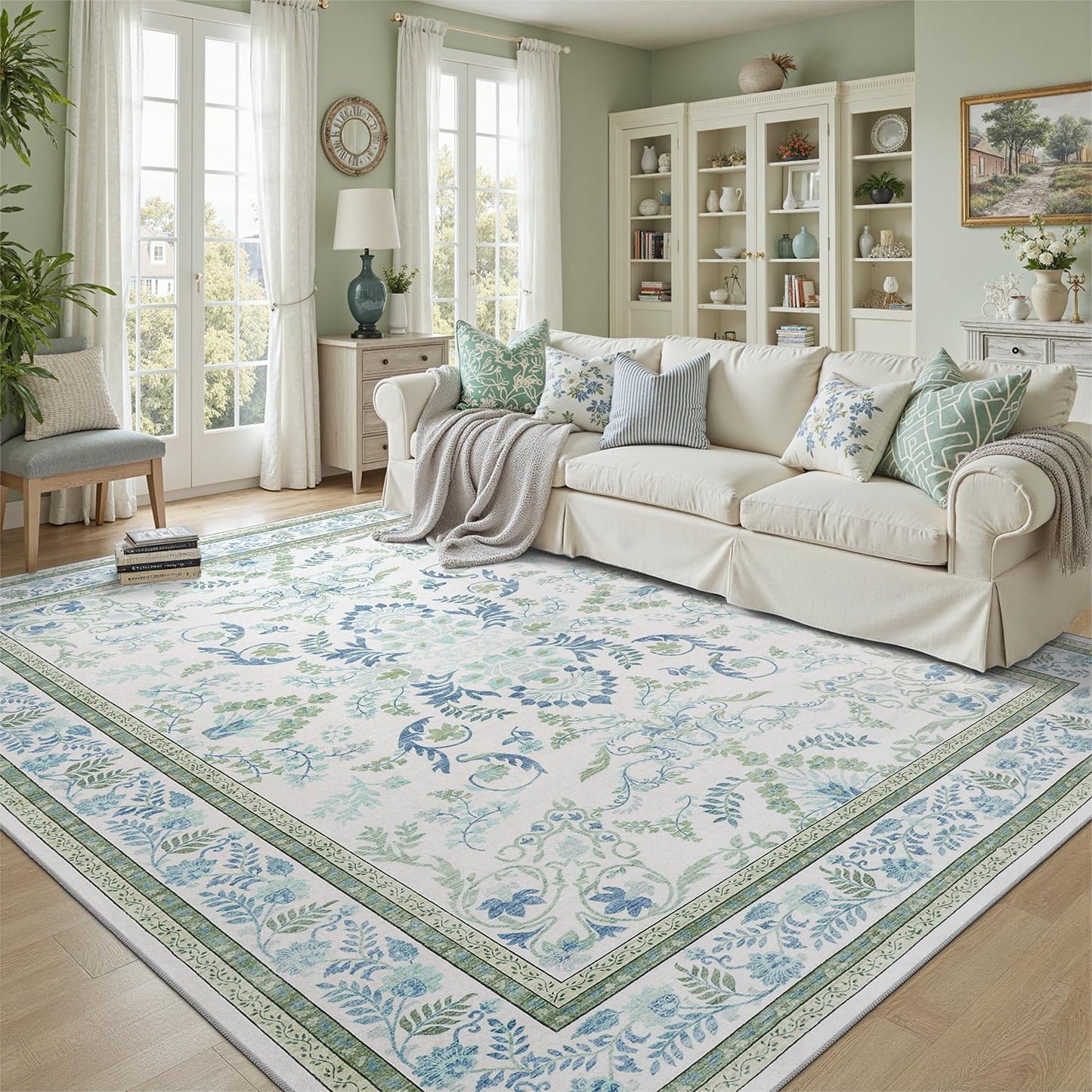 DCX Green 8x10 Rug, Kid & Pet Friendly with Rubber Back Non Slip, Machine Washable Stain Resistant Botanical Floral Rug for Living Room, Bedroom, Soft Low Pile Large Nursery Carpet
