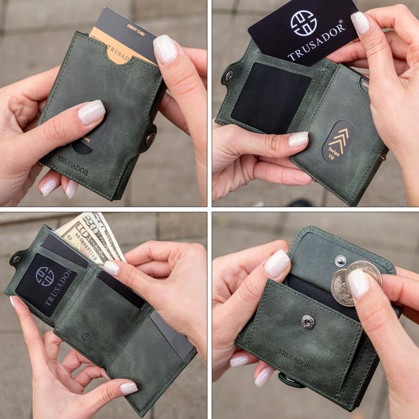 TRUSADOR Valencia Unisex Leather Wallet Small Compact Front Pocket RFID With Coin Pocket Wallets (With Coin Pocket, Green)
