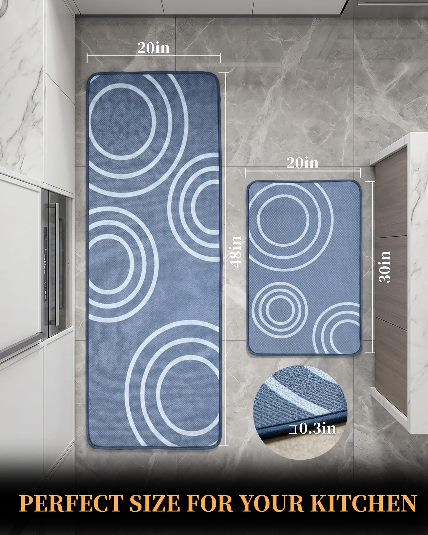 Washable Kitchen Rug Set of 2 Non Slip Runner Rug and Mat Blue Circle