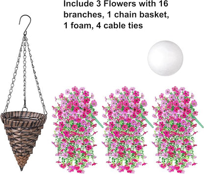 HyeFlora Artificial Hanging Flowers Basket for Outdoor, Fake Flowers Faux Plants Look Real for Yard Gardens Porch Patio Home (Purple+Hotpink)