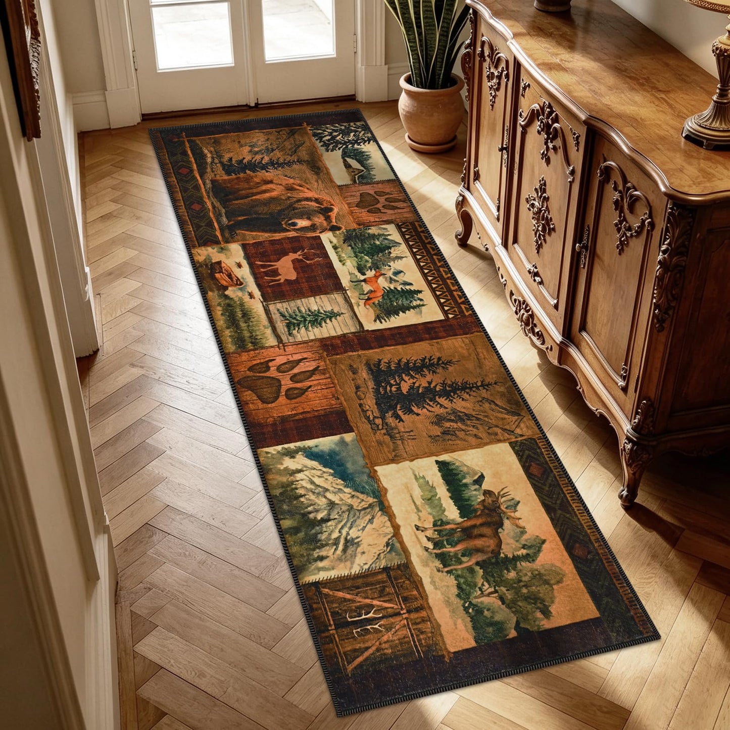 ASPMIZ 2x7 Rustic Runner Rug Non-Slip Washable — Buffalo Plaid Log Cabin Bear Deer Fox Design, Soft Faux Wool Hallway Carpet Runner for Entryway Kitchen, Brown