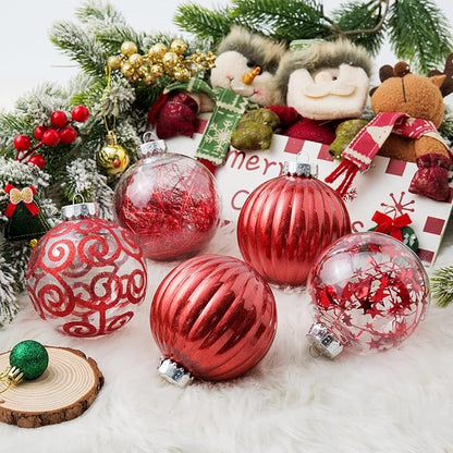 XmasExp 8ct Christmas Ball Ornaments Set -Large Clear Plastic Shatterproof Xmas Tree Ball Hanging Baubles Stuffed Delicate Glittering for Holiday Wedding Xmas Party Decoration (100mm/3.94",red)