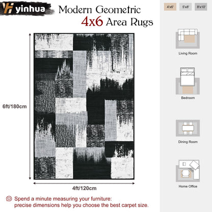 Yinhua Modern Geometric 4x6 Rug, Patchwork Grey Rugs for Living Room Washable Abstract Area Rug Non Slip, Soft Bedroom Rugs Stain Resistant, Mid Century Low Pile Carpet for Dining Room, Office
