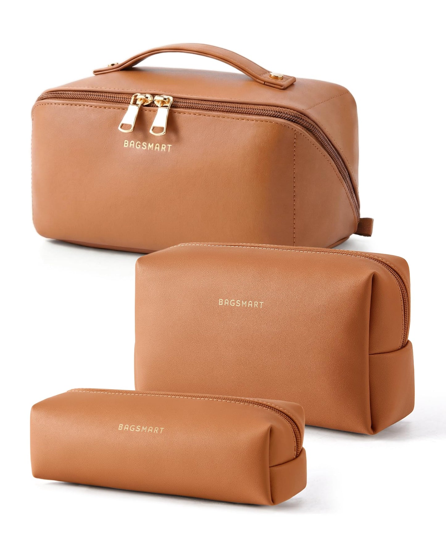 BAGSMART Makeup Bag Travel 3 Pcs Set Cosmetic Bag, Large Make Up Bag Flat Open Toiletry Bag for Women, PU Leather Travel Essentials Organizer Case, Wide-open Pouch for Skincare, Brushes,Classic Brown