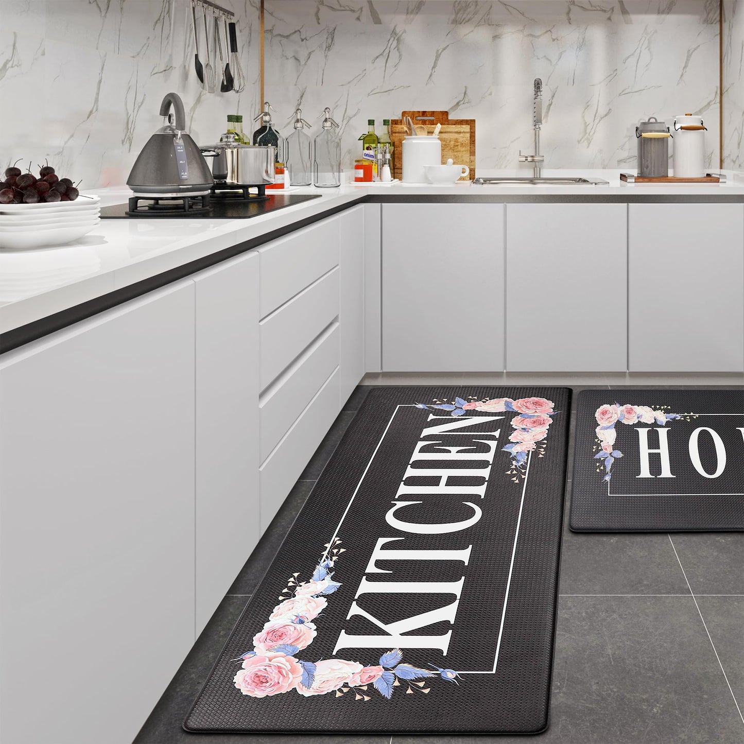 Floral Kitchen Mat Sets 2PCS Non Skid Waterproof Kitchen Rugs and Runner Sets Cushioned Anti-Fatigue Comfort Mat for Home,Office Memory Foam Kitchen Rug, 17.3"x30"+17.3"x47", Black/Pink