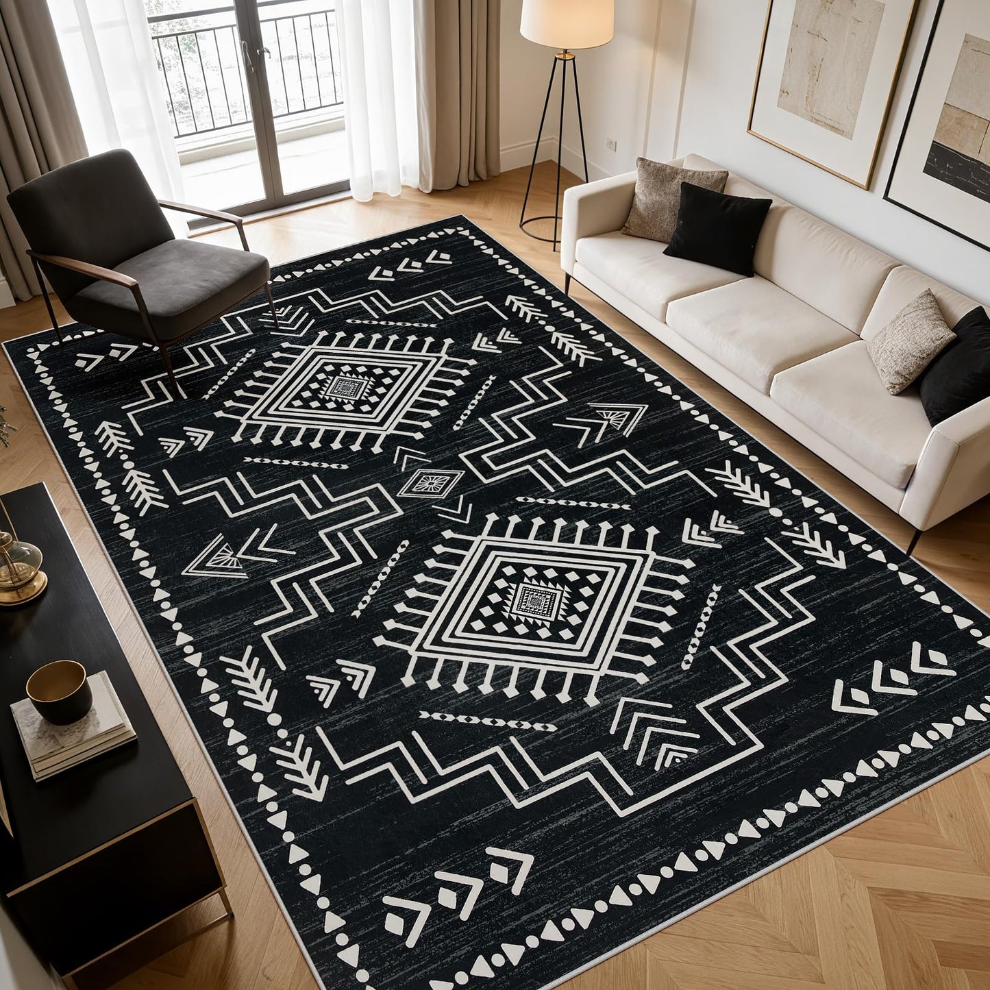 Joydeco Moroccan 5x7 Western Black and White Rugs for Living Room, Washable Soft Aztec Rug for Bedroom, Low Pile Distressed Modern Carpet for Dining Room Playroom Office Home Decor