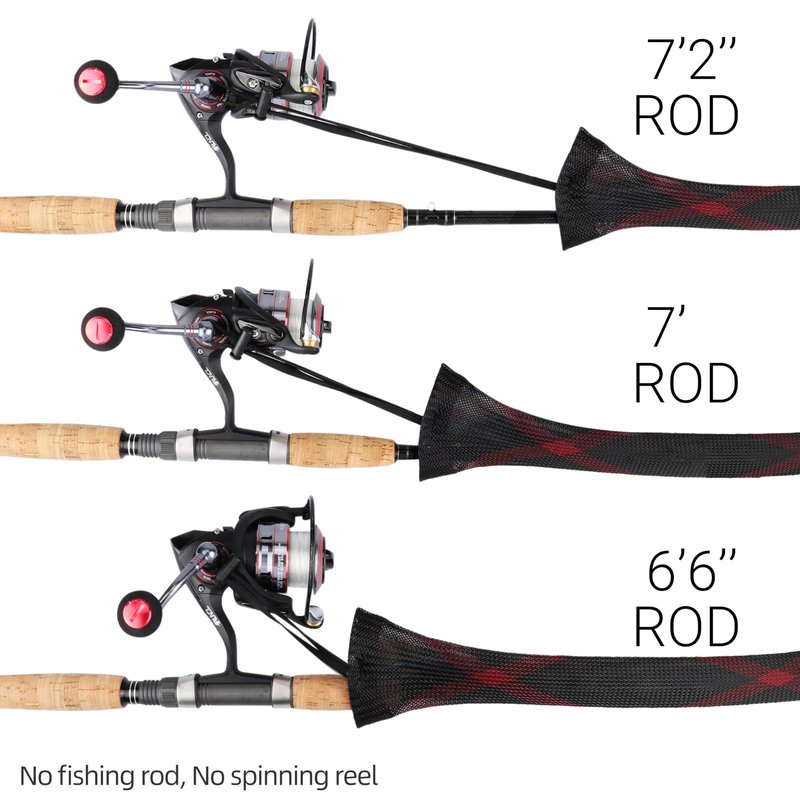 RUNCL Spinning Rod Socks, Fishing Rod Sleeves, Fishing Pole Sleeves (Red&Black, 2pcs) & Spinning Reel Bags, Fishing Reel Covers (2pcs)