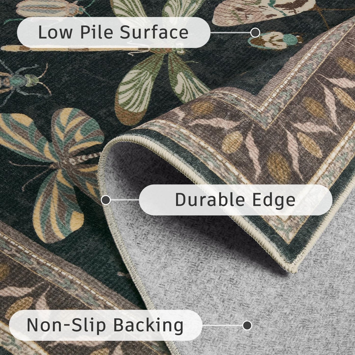 DCX Black 5x7 Washable Bug Rug, Botanical Insect Rug with Non-Slip Rubber Backing, Soft Low-Pile, Stain-Resistant, Kid & Pet Friendly, for Living Room, Bedroom, Office, and Nature-Themed Decor