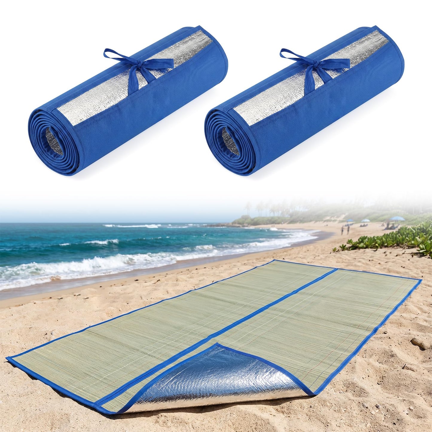 U0U 70x31.5inch Straw Beach Mat with Heat Insulation Aluminum Film,Foldable Breathable Natural Straw Mat for Insulate Beach Heat and Beach Picnic Camping Tent Crawling Yoga (Blue, 70x31.5inch/2pcs)
