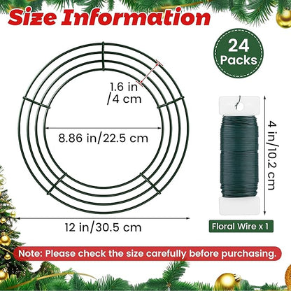 Fovths 24 Pack Christmas Wire Wreath Ring 12 Inches Metal Wire Wreath Frame with Floral Wires Green DIY Floral Crafts for Xmas Halloween New Year Holiday Valentines Day Decor