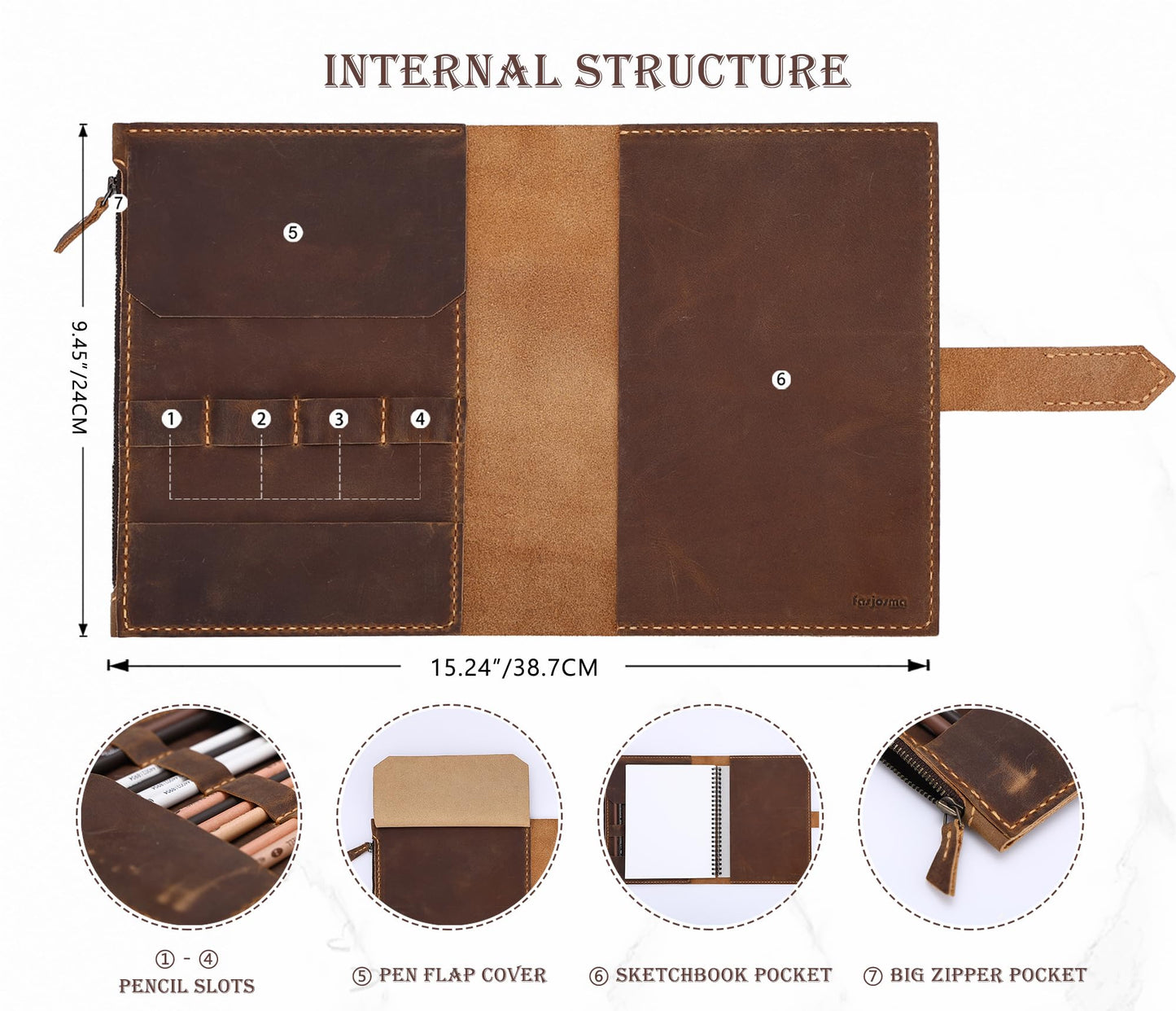 Fasjosma Leather Sketchbook Cover for A5/5.5"x8.5" sketch pads - Handmade Genuine Leather Artist Case with Pencil Holder & Zipper Pocket, Professional Drawing Supplies (Brown, 5.5"x8.5")