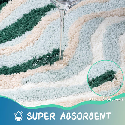 Cevolyn Blue Green Beach Bathroom Rug, Non-Slip Ultra Soft Microfiber Cute Coastal Bath Mat, Absorbent 3D Tufted Ocean Wave Decor for Floor, Shower, Tub, Machine Washable, 20"x32"