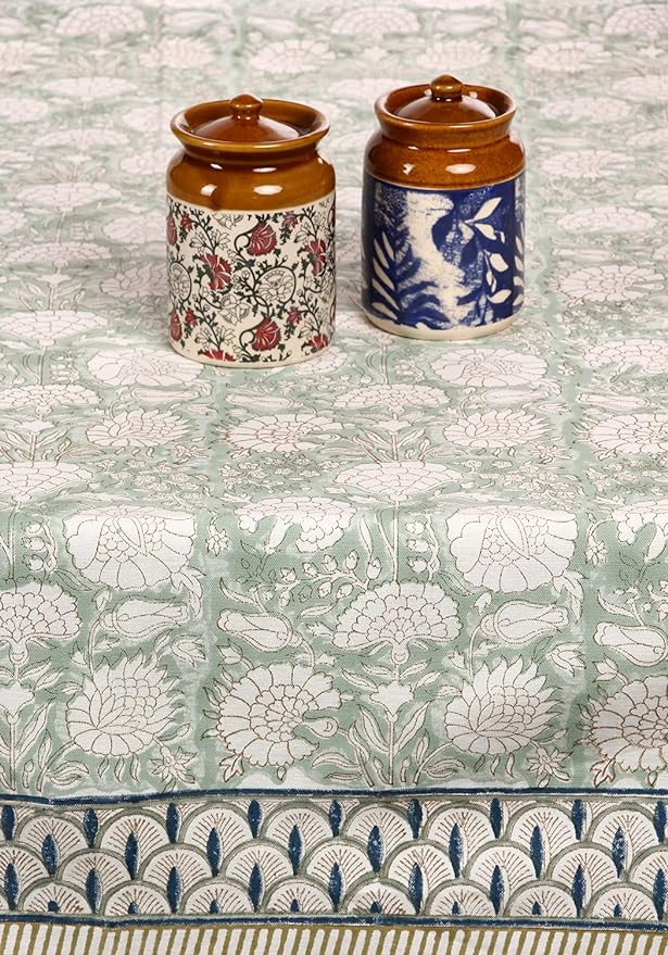 ATOSII Jade 100% Cotton Rectangle Summer Tablecloth, Block Print Floral Table Cloth Linen for Dining, Parties, Weddings, Outdoors I Grand Millennial Decor 60 X 108 Inches I 8 Seater I Memorial Day