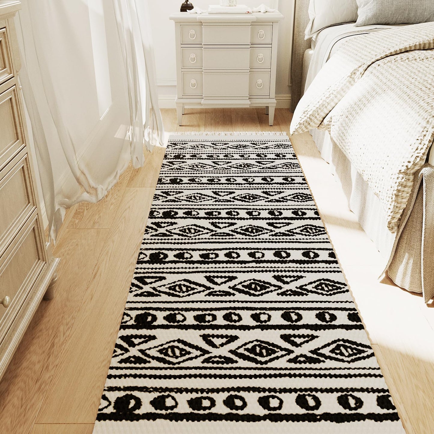 H.VERSAILTEX Handwoven 2x5 ft Boho Runner Rug with Tassels - Low Pile Easy Clean Washable Entryway Rug, Non-Slip Kitchen Runner for Hallway, Laundry Room, Corridor - Floor Mat(1 Pack,Black/White)