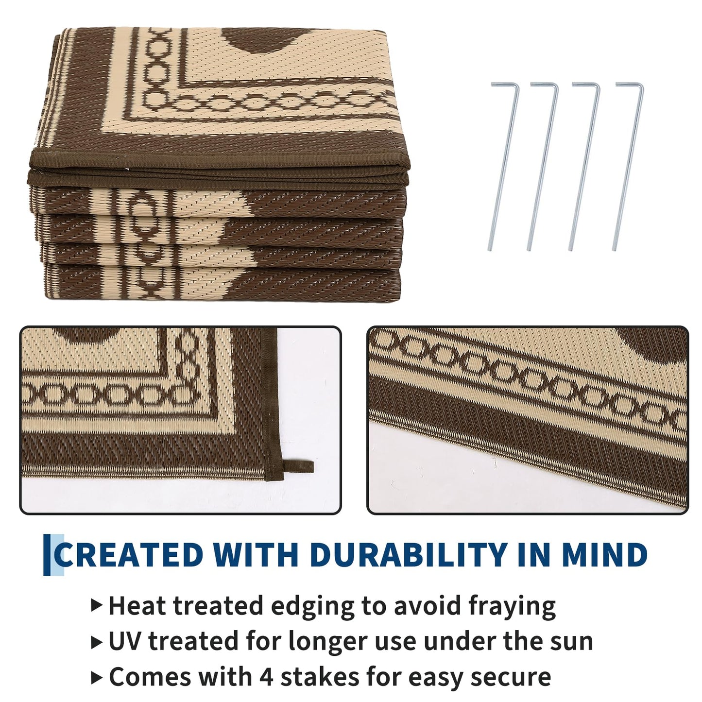 Garvee Outdoor Rug 8x10 Scalloped Waterproof Patio RV Outdoor Rugs Reversible Foldable Plastic Straw Rug Modern Camping Carpet for Deck Camper Porch Balcony Backyard Picnic Beach Brown