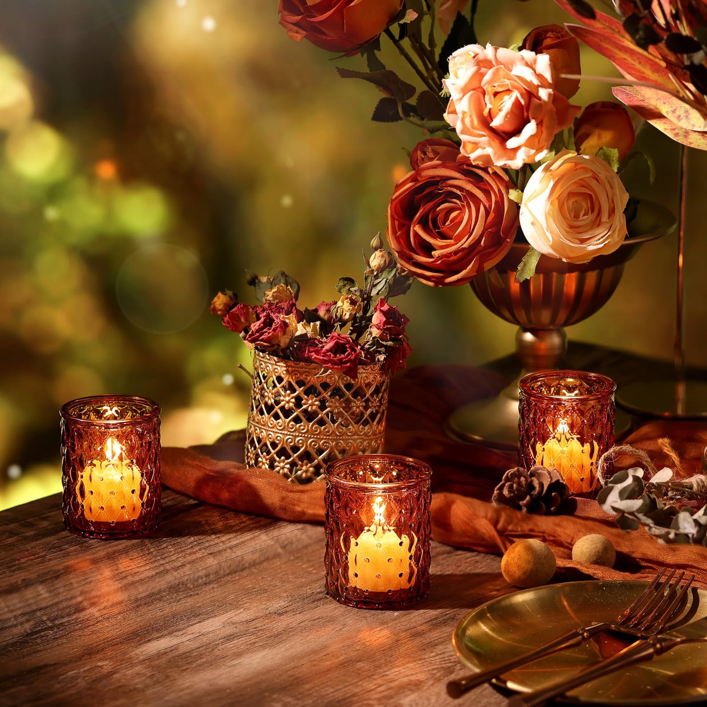TripodBird 36 Pack Amber Votive Candle Holders, Glass Tea Lights Candle Holder for Boho Wedding Decor,Amber Candle Holders for Home Decor Gift Fall Wedding Christmas, Thanksgiving Party Table