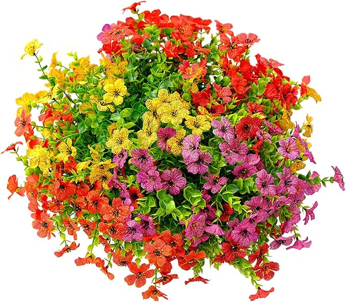 Outdoor Artificial Flowers, 8 Bundles Fake Flowers Summer Decoration, No Fade Faux Plastic Shrubs for Garden Patio Porch Window Box Decor (Mix 4 Color)