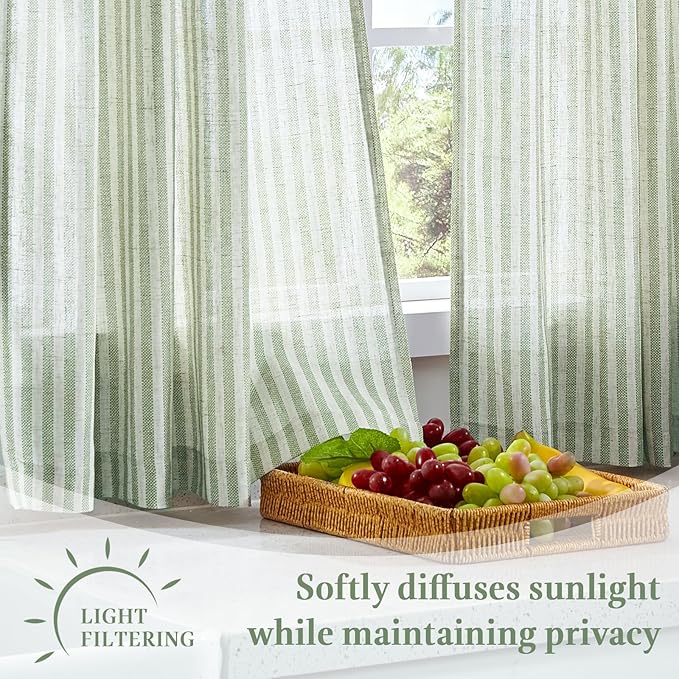 jinchan Striped Linen Kitchen Curtains with Attached Valance 36 Inch Length Cafe Tier Curtains for Living Room Rustic Half Window Light Filtering Rod Pocket Small Drapes 2 Panels Green