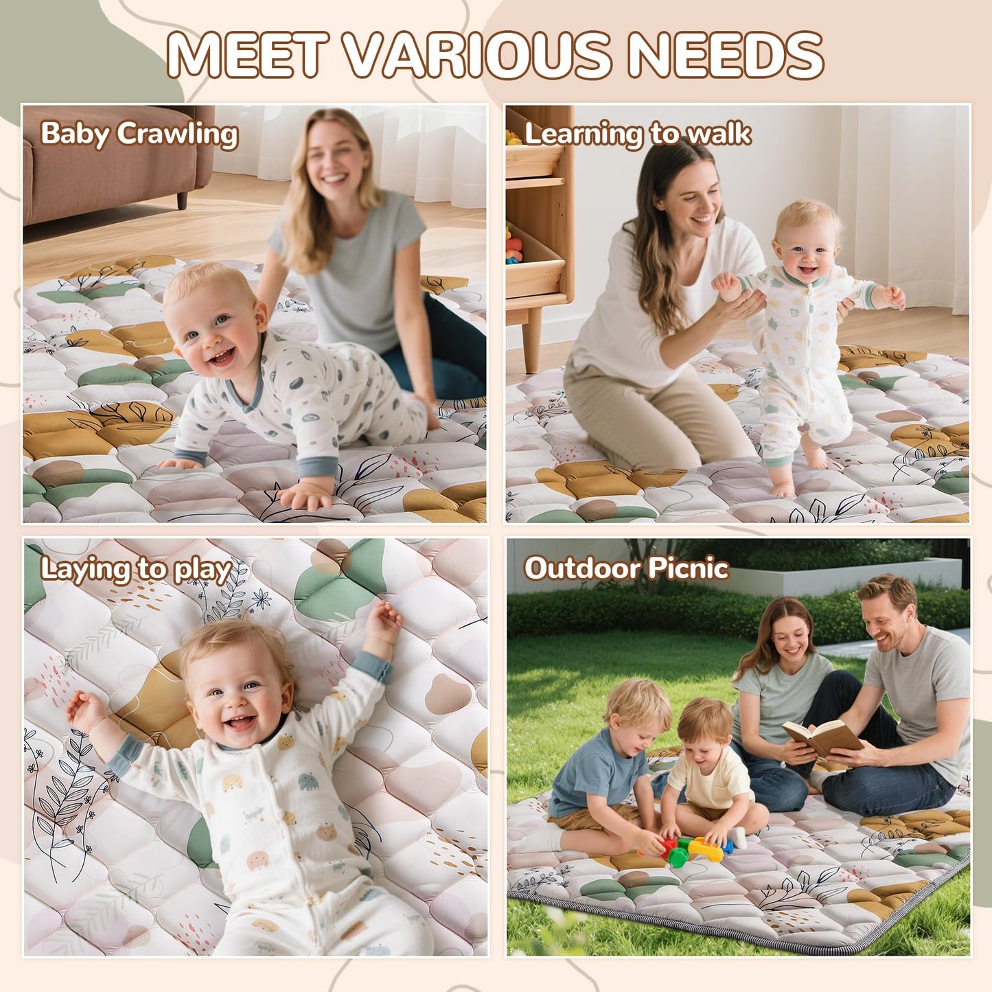 Dessports Boho Baby Play Mat - 65x50 Foldable Machine Washable Thick Sponge Padded Floor Mat - Non Slip Tummy Time Playpen Rug for Indoor Outdoor Room Decor