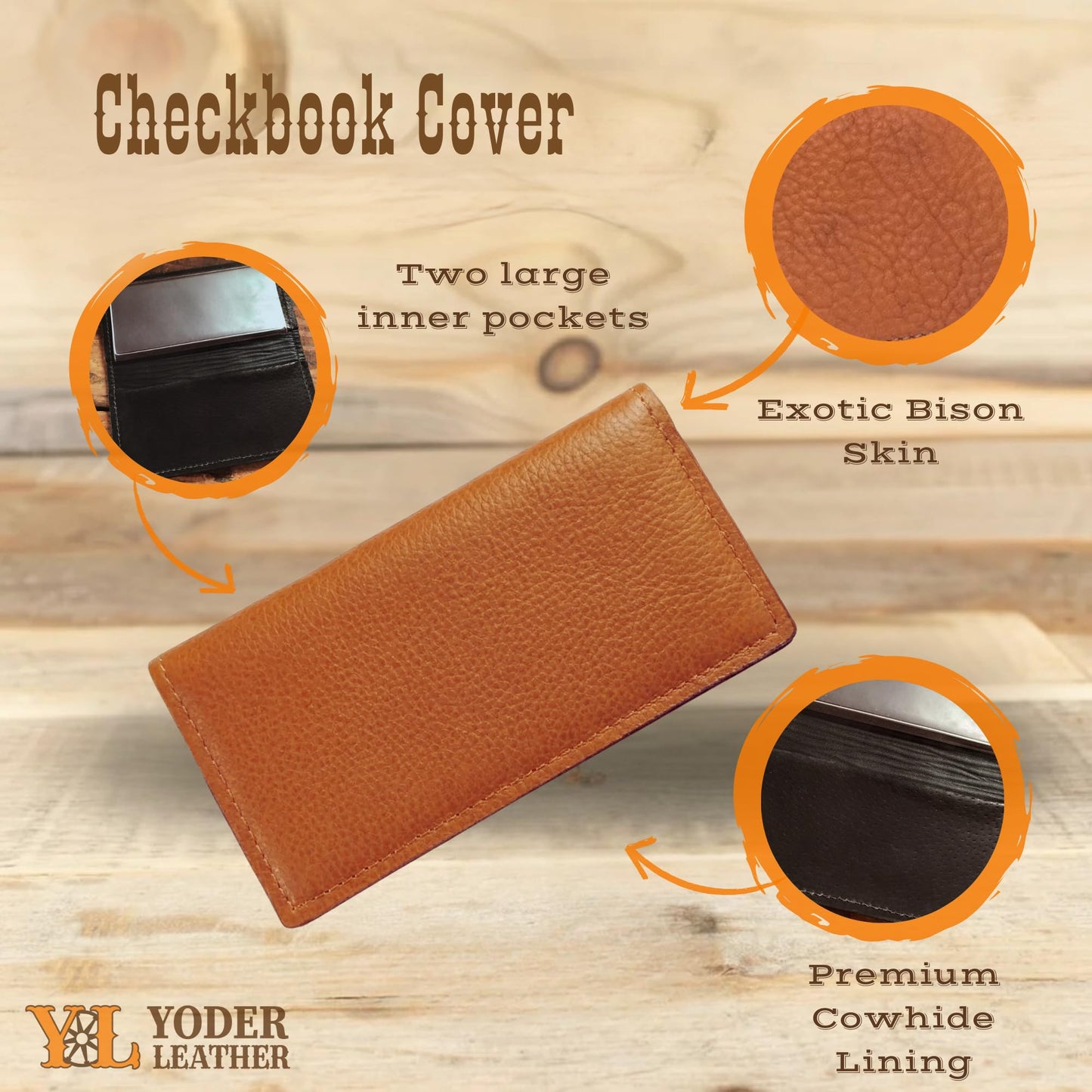 Yoder Leather Company Genuine Bison Leather Checkbook Cover for Men & Women (Brown)