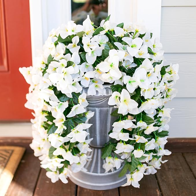 HyeFlora Bougainvillea Artificial Hanging Flowers Plants for Outdoors Decoration, 2pcs Fake Flowers Silk Bougainvillea Vines Realistic UV Resistant Faux Flowers for Outdoor Planters Patio Urn, White