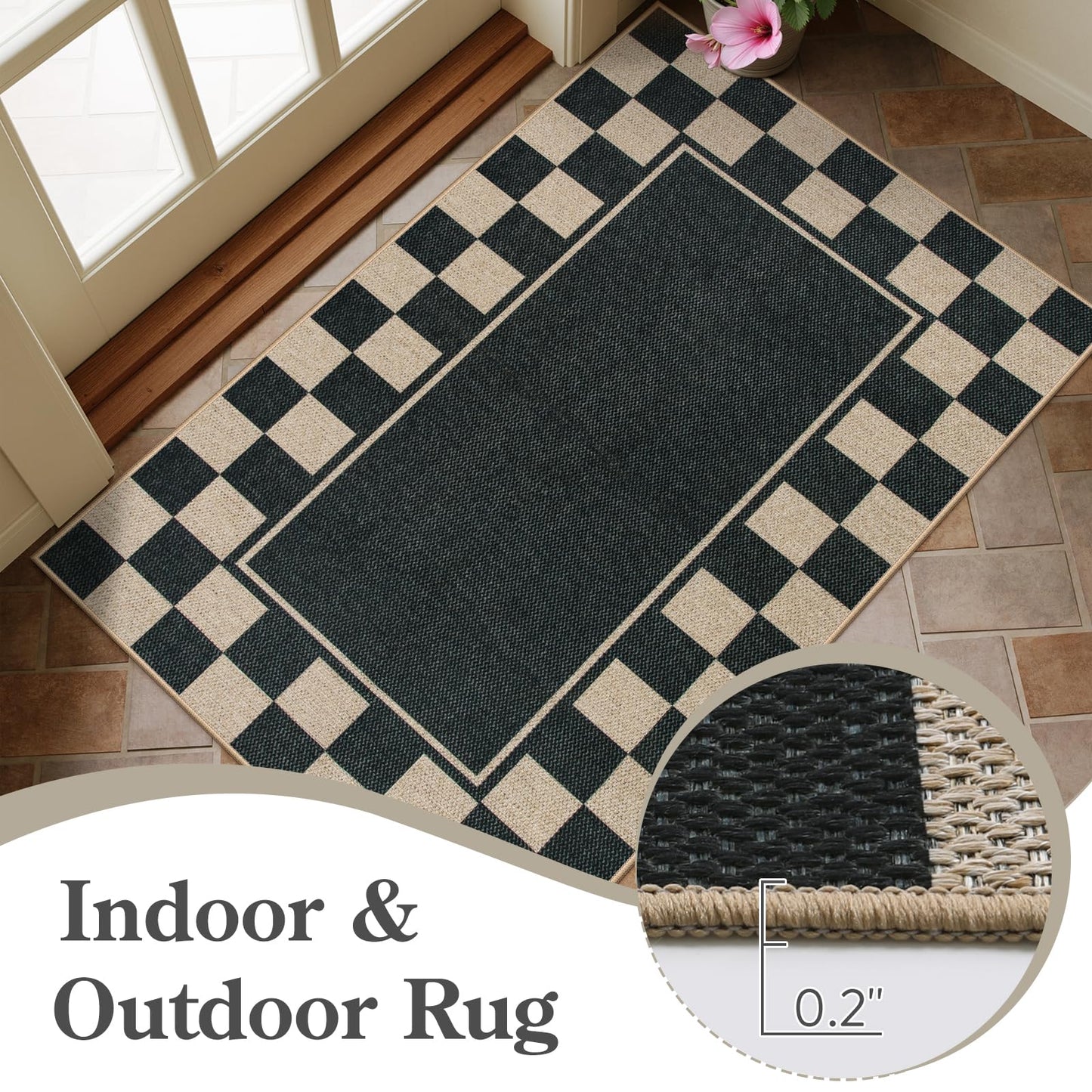 Moynesa Checkered Easy Jute 5x7 Area Rugs for Living Room, Washable Outdoor Patio Rug for Backyard Porches Non Slip, Black Farmhouse Carpet for Dining Room Balcony