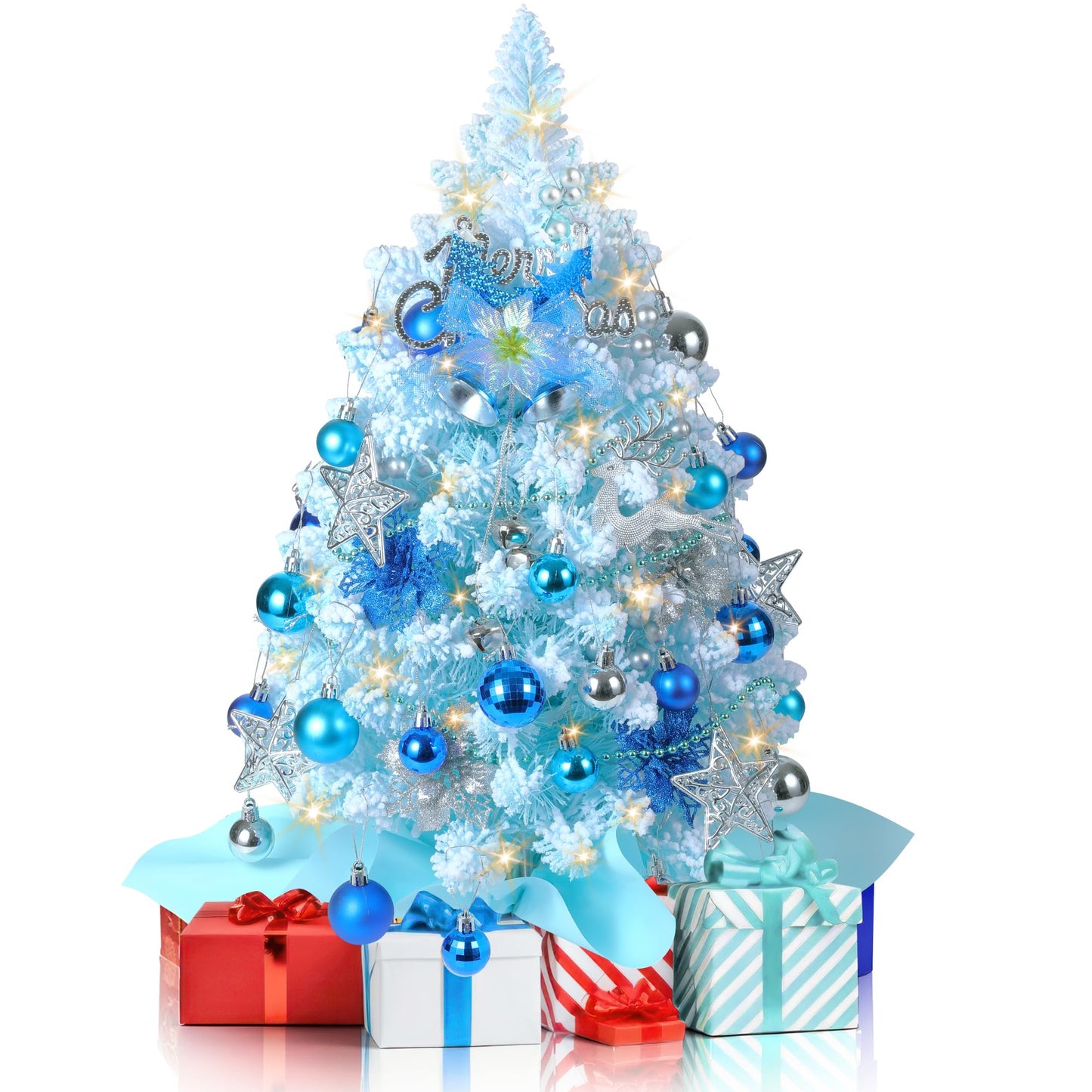 2FT Snow Flocked Christmas Tree, Blue Mini Christmas Tree, Artificial Tabletop Christmas Trees with 60 LED Lights,100 Branch Tips, 47 Ornaments, Small Prelit Xmas Tree for Home Party