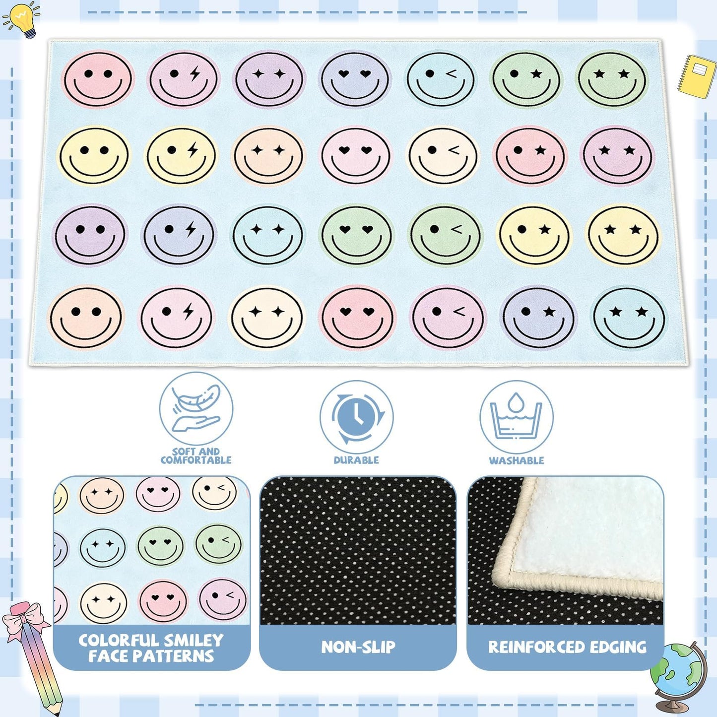 7.6x12 ft Large Smile Face Classroom Rug Happy Face Educational Area Mat Smile Faces Blue & Multicolor Play Carpet Back to School Learning Mat for Preschool Playroom Nursery Kindergarten(Blue)