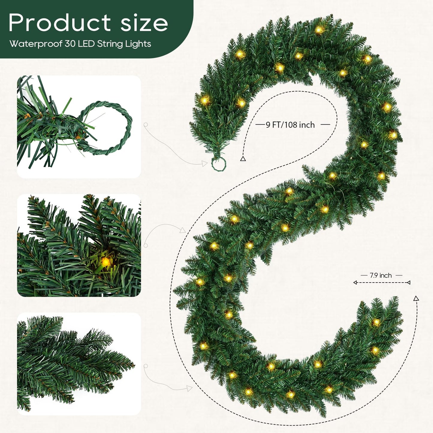 9ft Pre-lit Christmas Garland with 50 LED, 8 Lighting Modes Battery Powered & 6H Auto Timer, Waterproof 240 Branch Tips Prelit Garlands with Warm White Lights for Indoor Outdoor Holiday Decorations